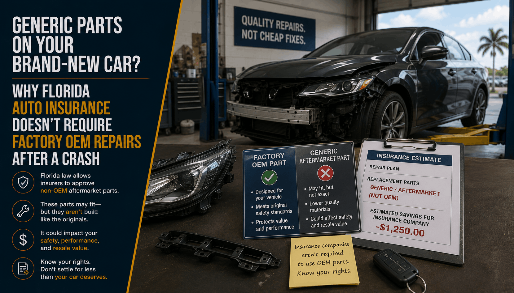 Generic Parts on Your Brand-New Car? Why Florida Auto Insurance Doesn't Require Factory OEM Repairs (2026)